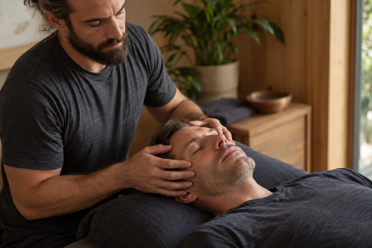Illustrative adult male therapist giving a clothed male client a relaxing scalp massage